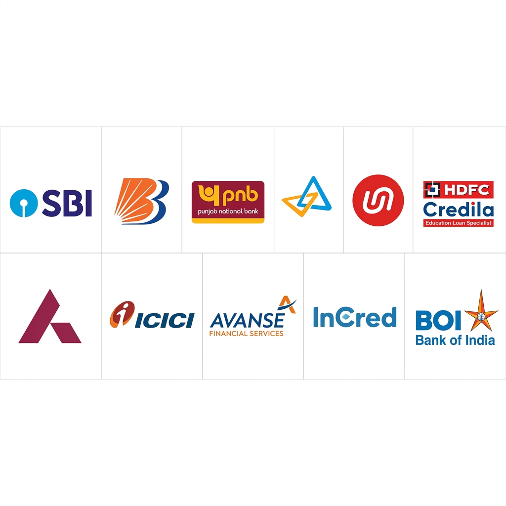 SBI, Bank of Baroda, PNB, Canara, Union Bank, HDFC Credila, Axis, ICICI, Avanse, InCred, Bank of India Logos