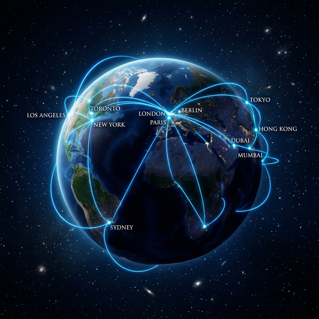3D animated world globe with flight paths